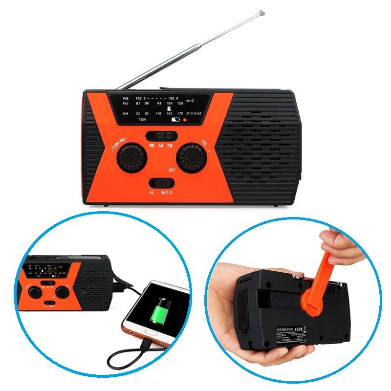 Retekess HR12W Manuel håndsvinget generator DIY USB Elektrisk Dynamo Power FM / AM / NOAA Radio med lommelygte til campingrejser