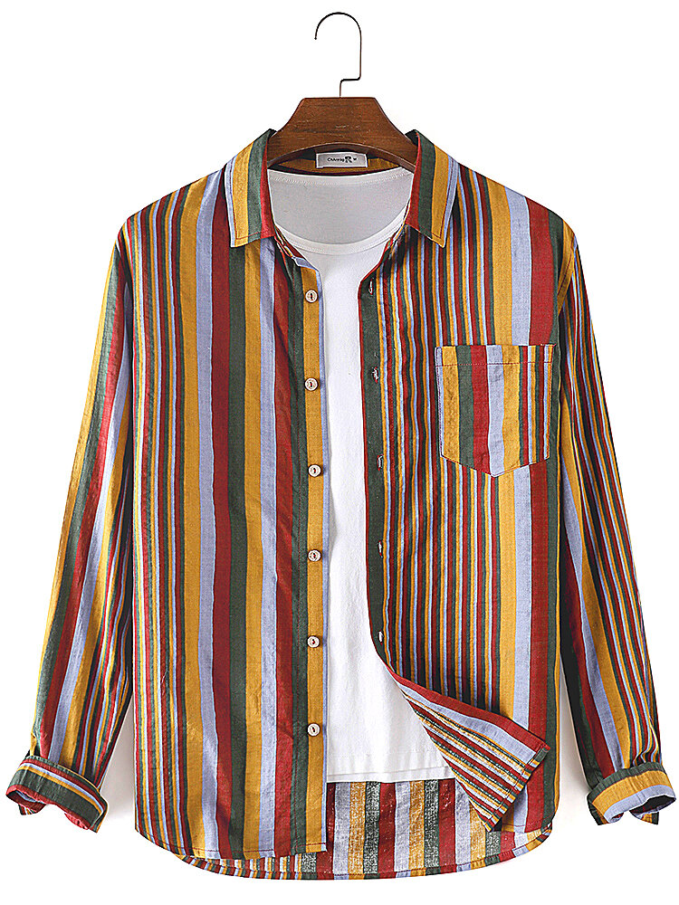 

Banggood Designed Винтаж Мужские рубашки Colorful в полоску на пуговицах с длинным рукавом из хлопка с карманом