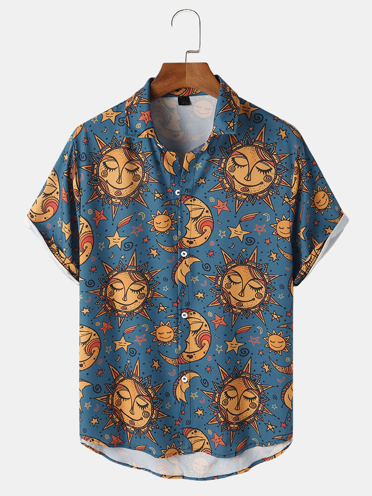 Mens Sun & Moon Print Mysterious Totem Lapel Short Sleeve Shirt