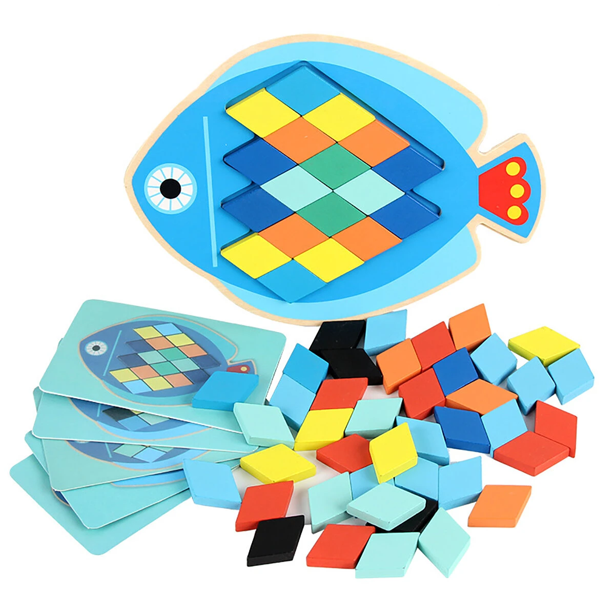Wood diy assembly jigsaw puzzle toy colors shapes cartoon fish owl matching cards toy for children learning