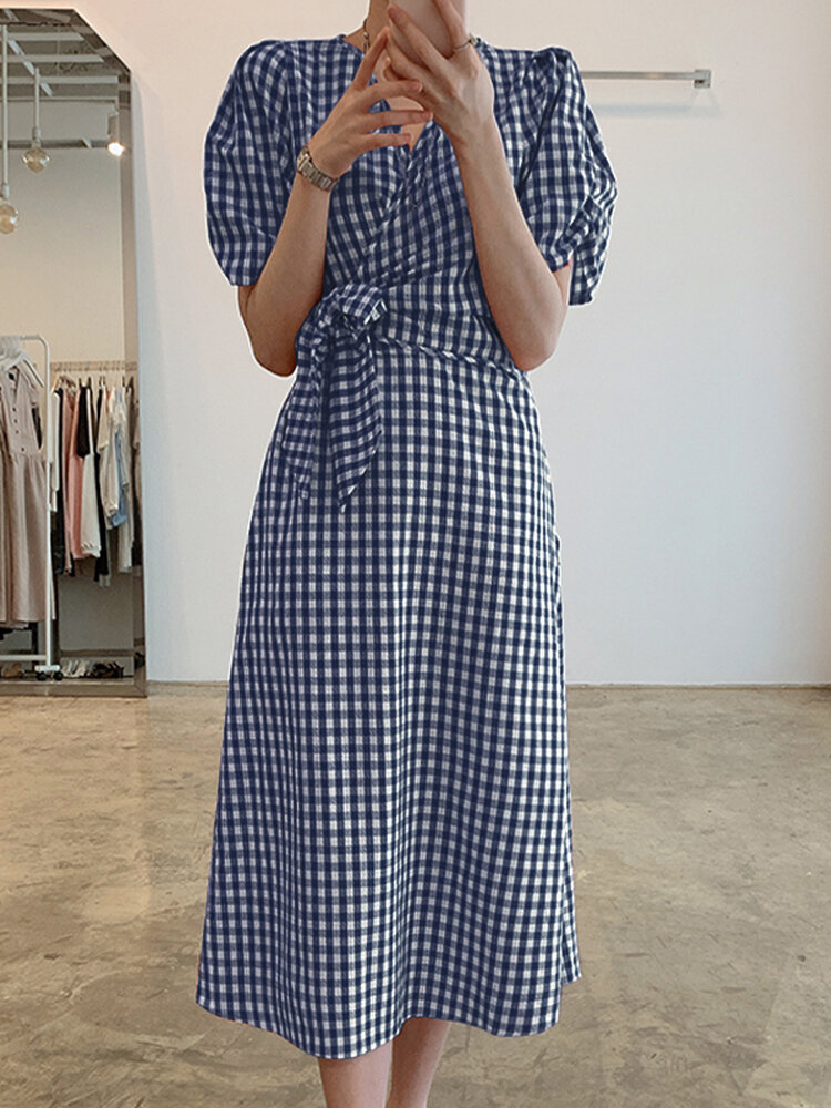 

Puff Sleeve 100% Cotton Loose Fit V-Neck Plaid Splicing Maxi Dress