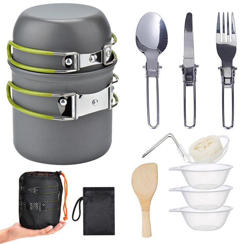 IPRee® 12-предметный комплект посуды для кемпинга из нержавеющей стали, переносной набор кастрюль и сковородок для открытого воздуха, кемпинговый столовый прибор.