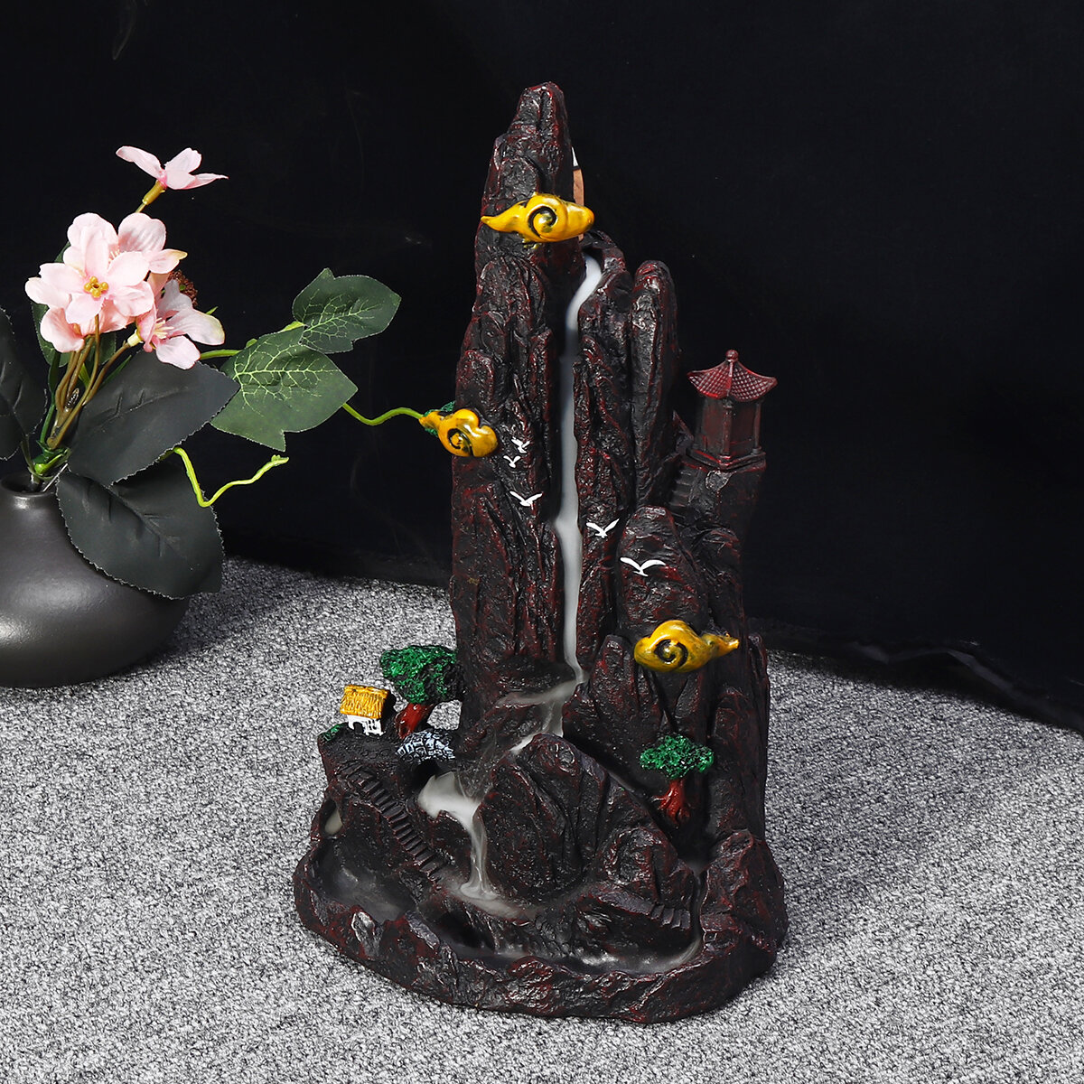 Black Waterfall Incense Burner Porcelain Backflow Ceramic Cone Incense Burner Holder with 60 Cones