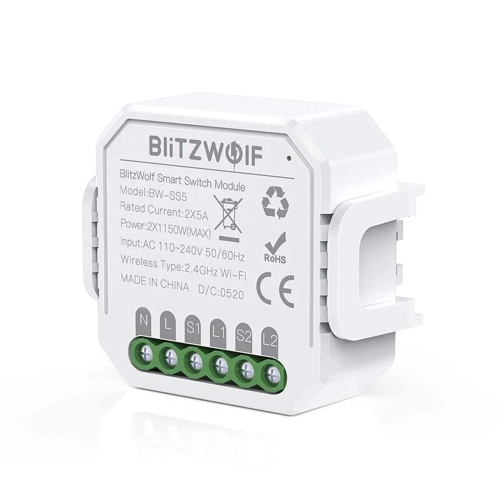 [5 Pcs] BlitzWolf® BW-SS5 2300W 2 Gang WIFI Smart Switch No Hub Required Timer Relay Switch Module Wireless App Remote Control Voice Control Works with Amazon Alexa & Google Assistant