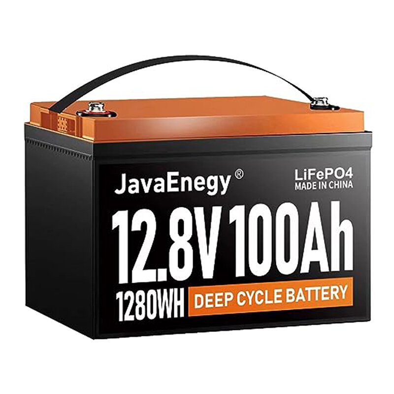 [US Direct] Bateria JavaEnegy 12V 100Ah Lifepo4 com BMS de 100A bateria de fosfato de ferro de lítio para armazenamento solar de 12V 24V 48V EV RV Boat, perfeita para Trolling Motor Camper Van Sistema Solar/Eólico
