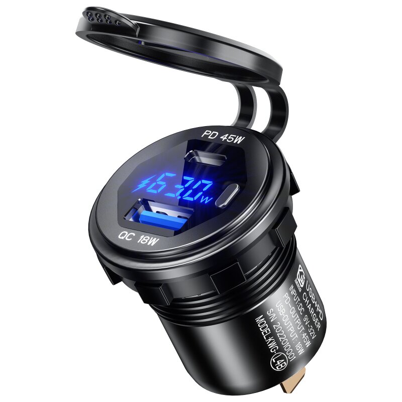12-24V 63W Metal Car Charger Socket 45W PD + 18W QC3.0 with LED Voltage/Power Display ON/OFF Switch for SUV Motorcycle T