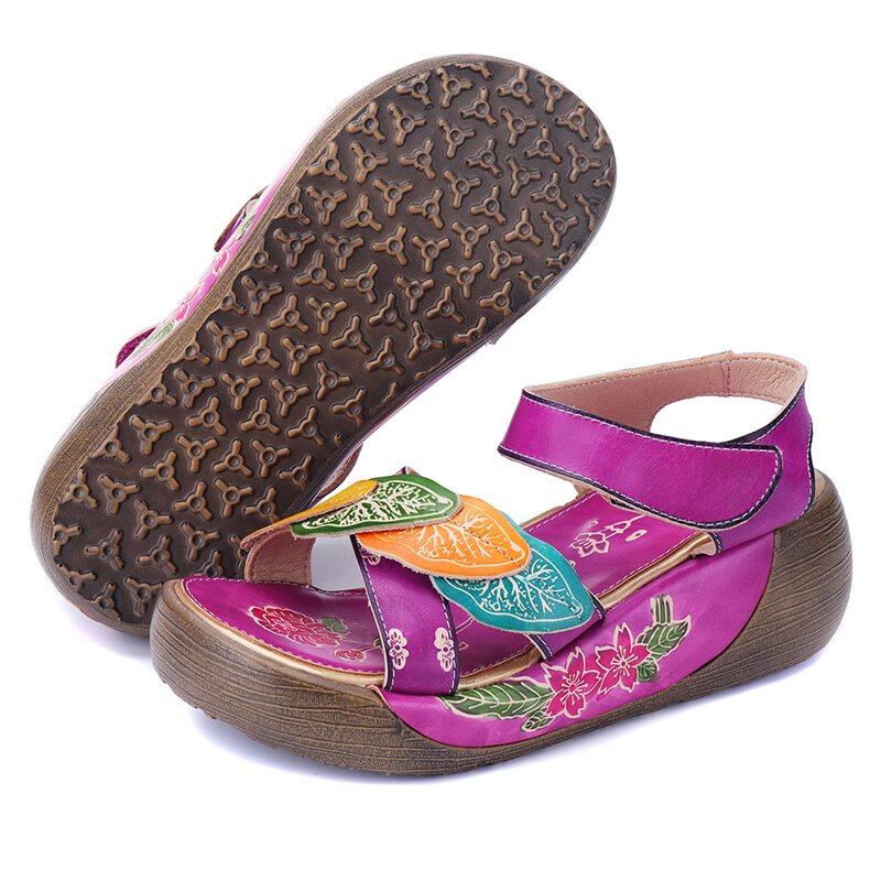 SOCOFY Women Summer Bohemia Genuine Leather รองเท้าแตะ Handmade Wedge Platform Shoes