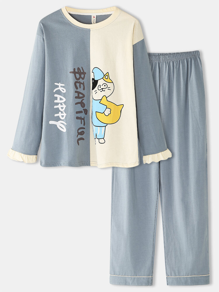 Vrouwen Cartoon Cat Print Two Tone Patchwork Elastische Taille Pocket Broek Thuis Pyjama Set