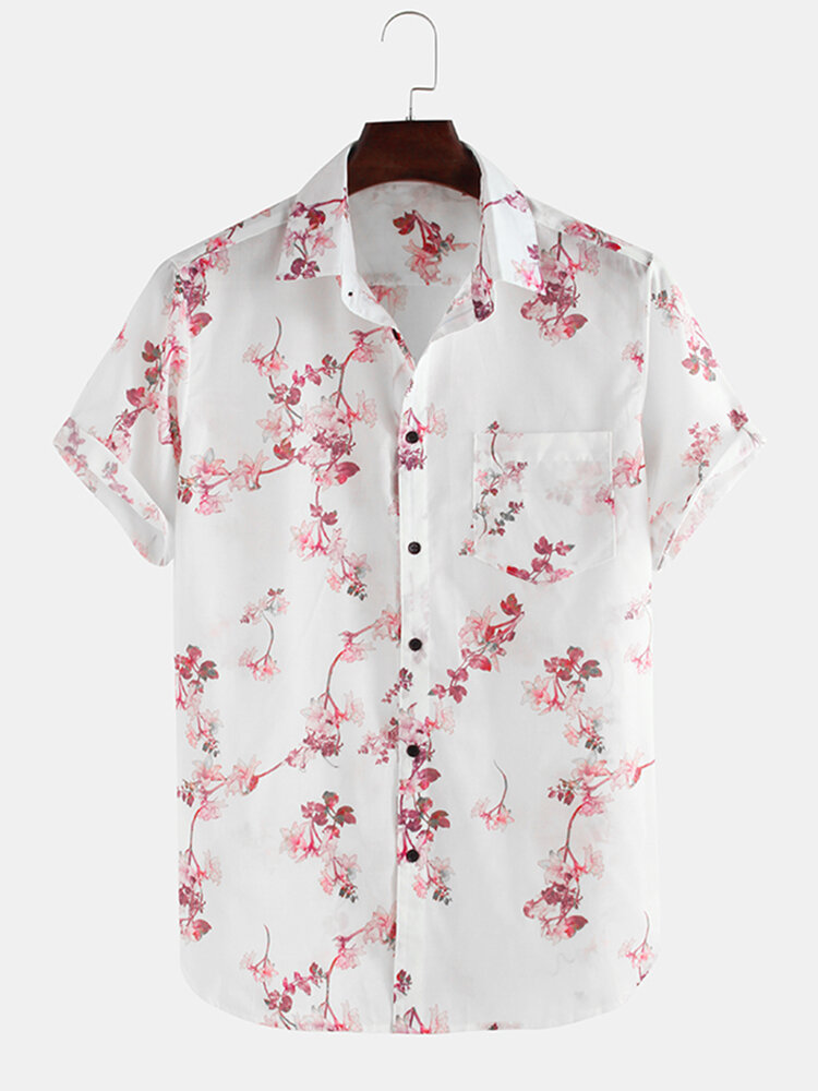 Heren kersenbloesem bloemenprint korte mouw casual vakantie shirts