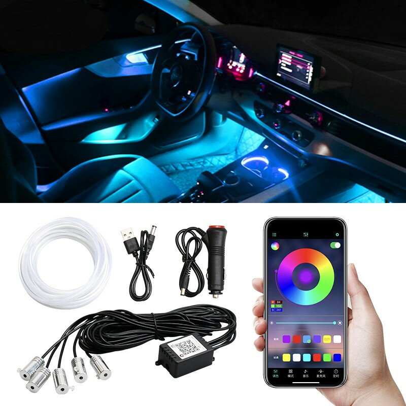 

5IN1 6M RGB LED Atmosphere Car Interior Ambient Light Fiber Optic Strips Light by App Control Neon LED Auto Decorative L