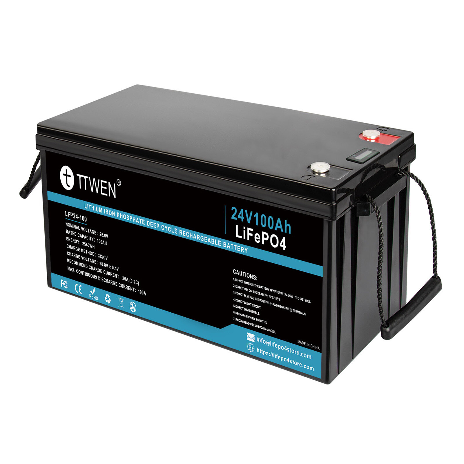 [EU Direct] TTWEN 24V 25.6V 100Ah LiFePO4 Lithium Battery Pack Backup Power 2560Wh Energy 4000+ Deep Cycles Built-in 100