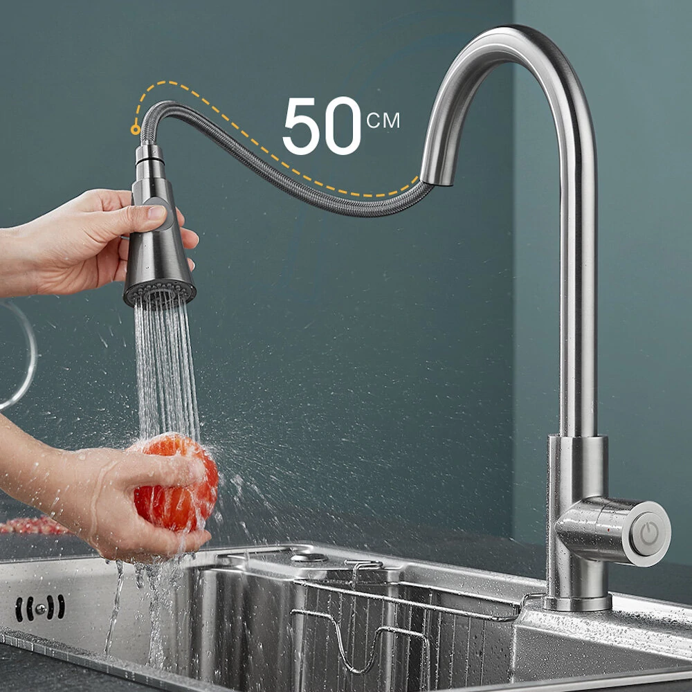 ARROW Pull Out Kitchen Faucet Hot and Cold Mixer Tap Single Handle Single Hole Handle Swivel 360 Degree Silver
