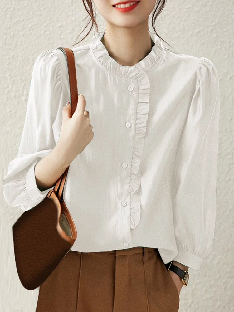 Ruffle trim stand collar solid 3/4 sleeve casual blouse