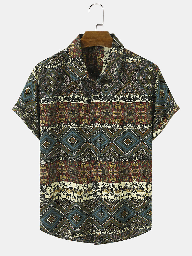 Men Tribal Print Patchwork Lapel Button Up Hem Cuff Leisure Shirts