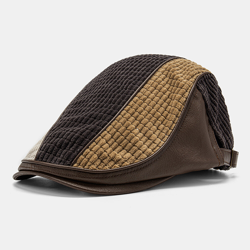 

Men Corduroy Knit Stitching Plaid Pattern Berets Retro Adjustable Warm Forward Cap Peaked Cap