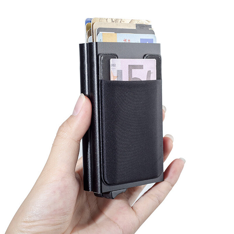 oporte de tarjeta de crédito RFID de aluminio con múltiples bolsillos para hombres, billetera minimalista y estuche para tarjetas bancarias.