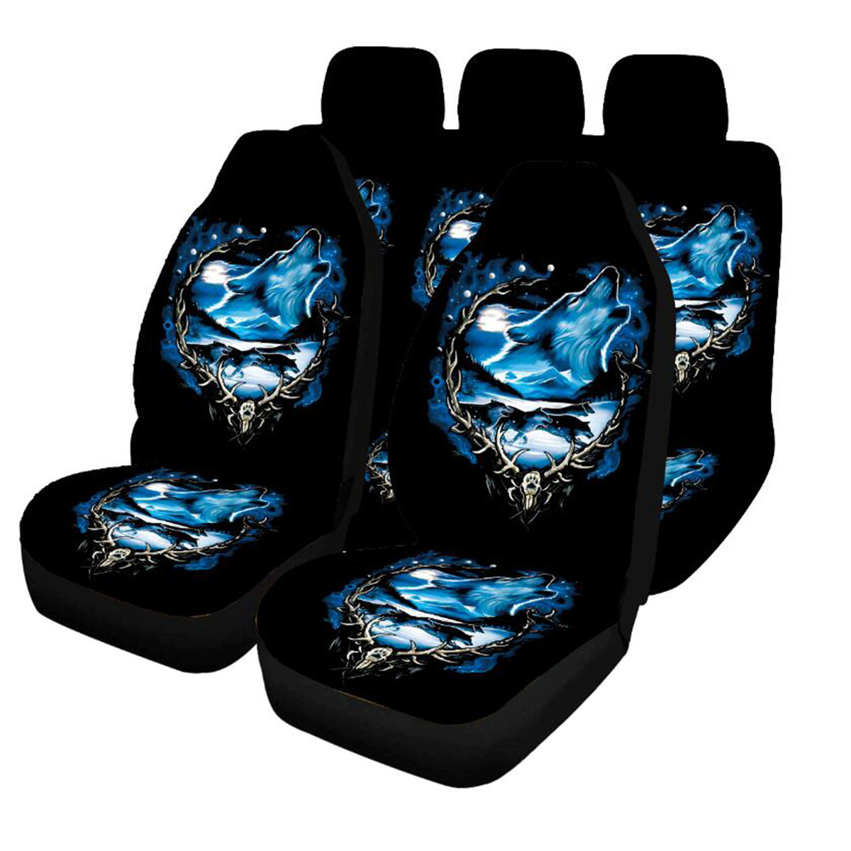 1/7PCS Universal Car Seat Covers Wolf Blue Front & Rear Seat Covers Protection