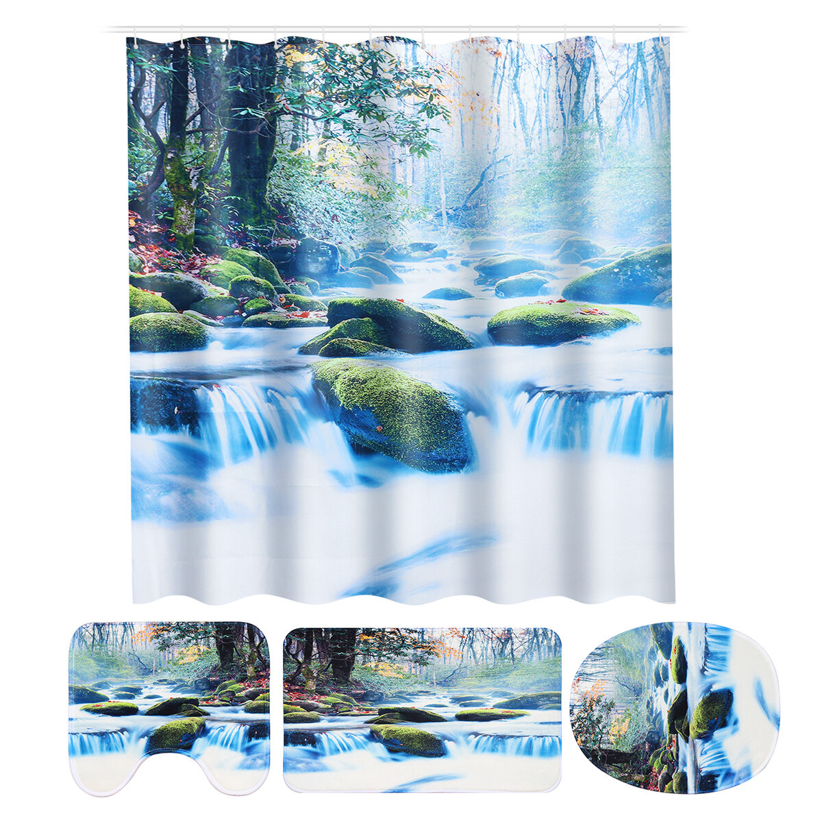 180x180CM Waterfall Shower Curtain Non-toxic Anti-slip Bath Mat Set Waterproof Toilet Rug Set