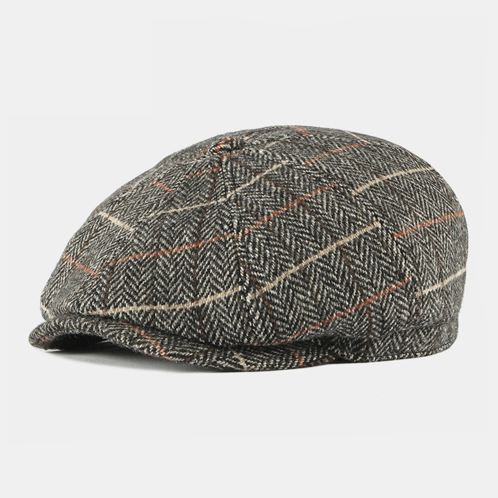 Mannen wol Britse stijl geruite patroon casual warme achthoekige hoed baret hoed