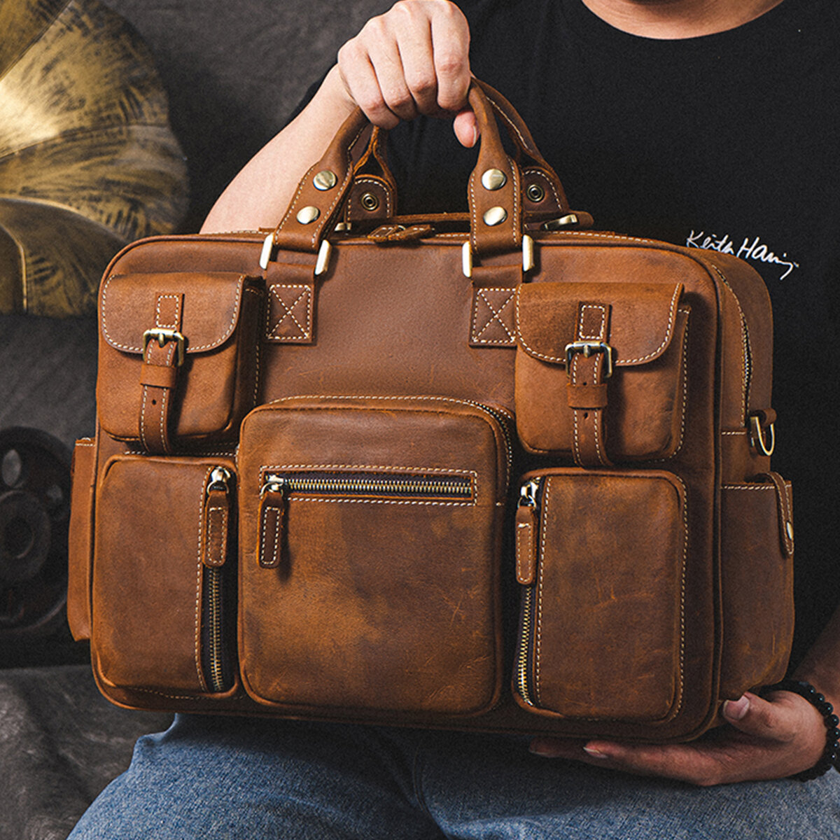 Men Genuine Leather Detachable Strap Large Multi-Pocket 15.6 Inch Laptop Bag Briefcase Messenger Bag Crossbody Bags