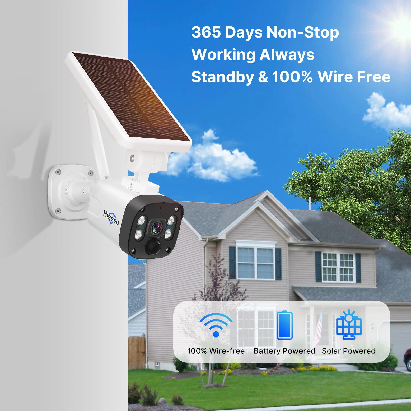 Hiseeu 3MP Wireless Security Camera System Solar Camera Outdoor Wireless Battery Powered Home Camera 2-Way Audio PIR Detection IP66 Waterproof Work with Alexa