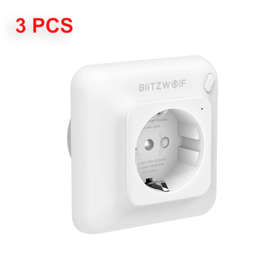 

[3 PCS] BlitzWolf® BW-SHP8 3680W 16A Smart WIFI Wall Outlet EU Plug Socket Timer Remote Control Power Monitor Work with