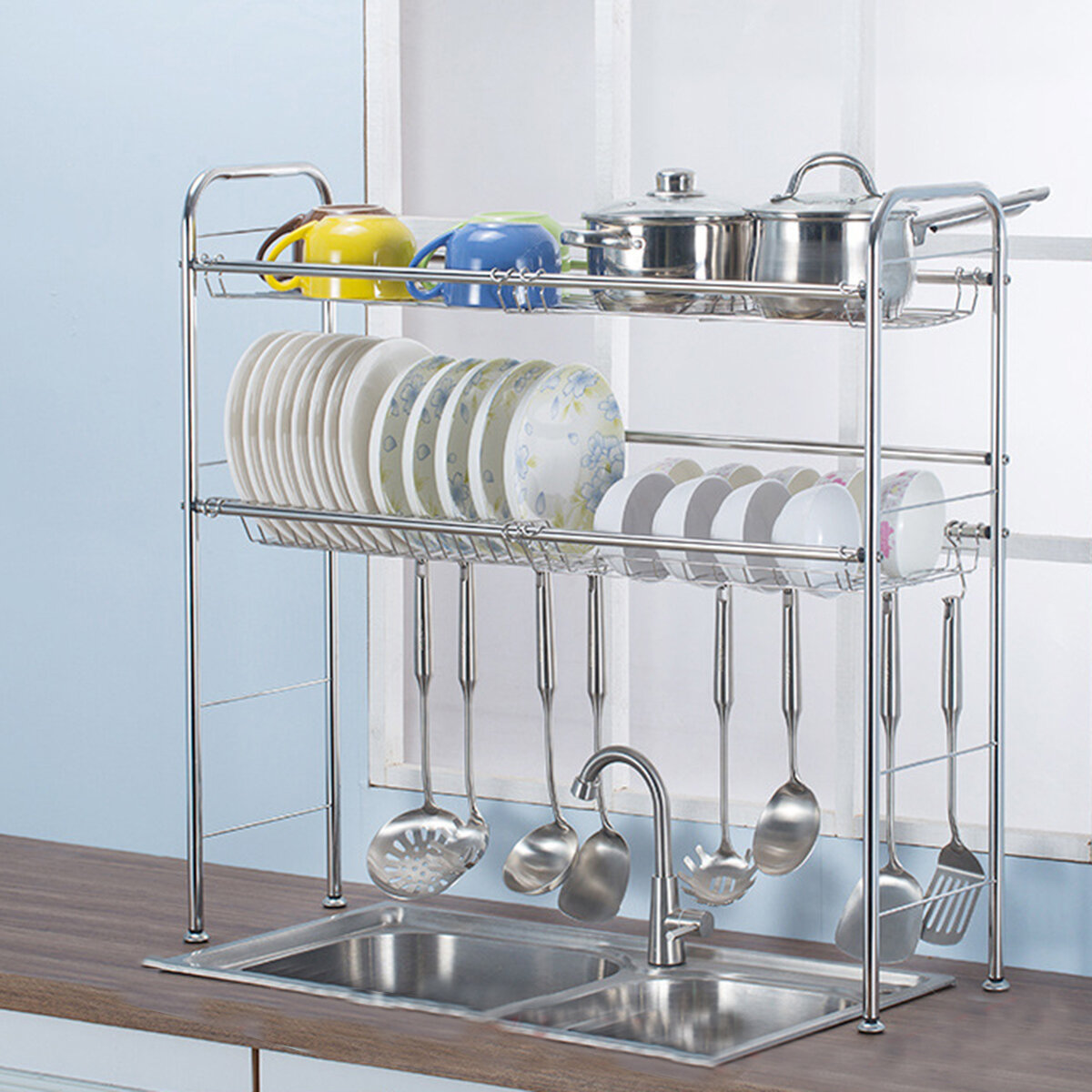 2 niveaus Roestvrijstalen serviesrek Dual Sink Drain Rack Verstelbare Multi-use Kitchen Organizer Ra