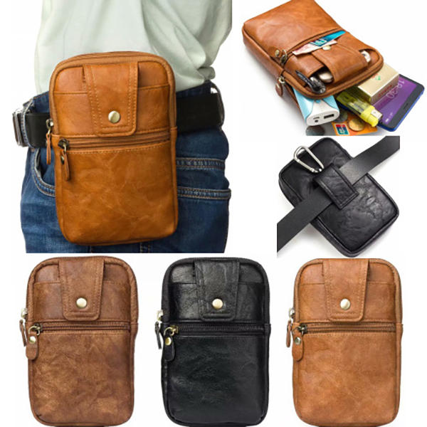 Men Genuine Leather Double Zipper Waist Bag Crossbody Bag