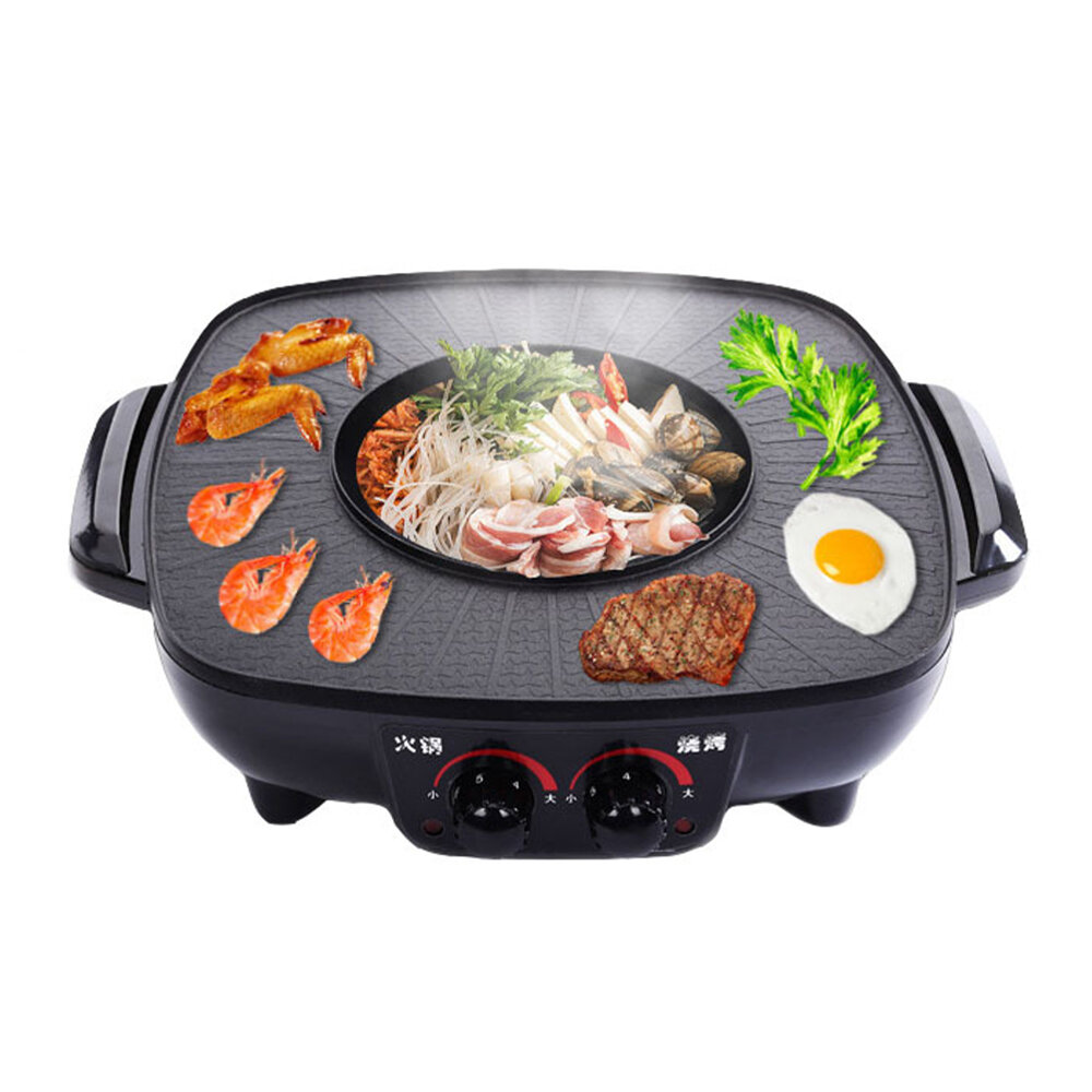 1800W 2-in-1 Electric Multi Cooker Barbecue Pan + Hot Pot Cooker Electric BBQ Griddle Non-Stick Hotpot Roasting Baking Plate 220V