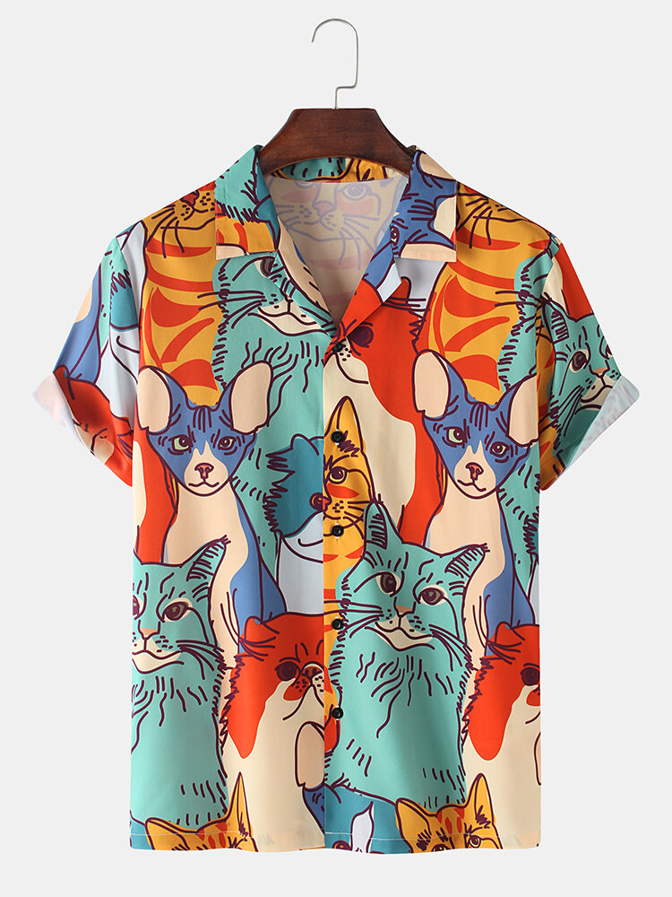 Mens Cartoon Cat Print Revere Collar Short Sleeve Casual Shirts, Mensclo  - buy with discount