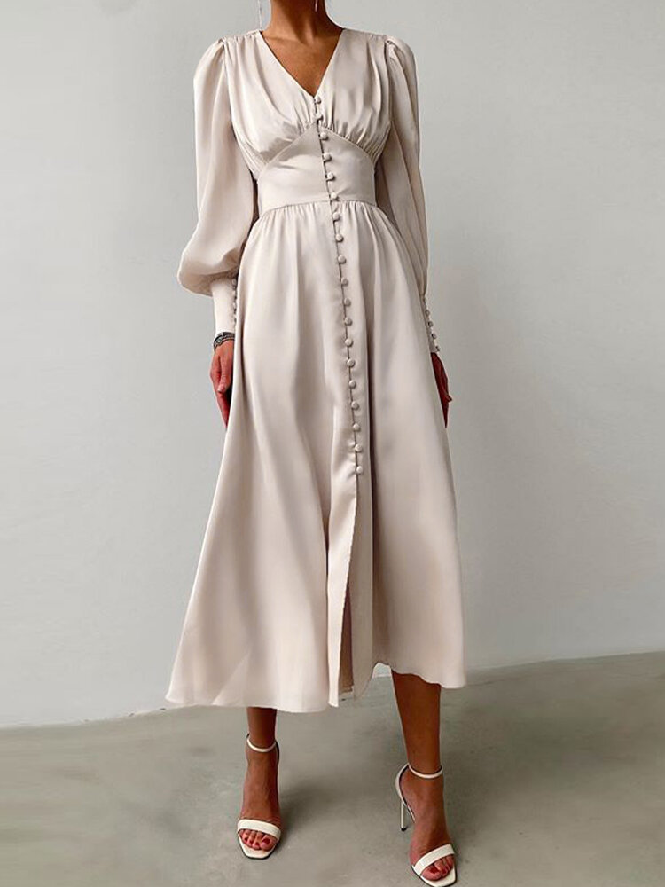 Women Satin Button Up V-Neck Long Sleeve Elegant Maxi Dresses