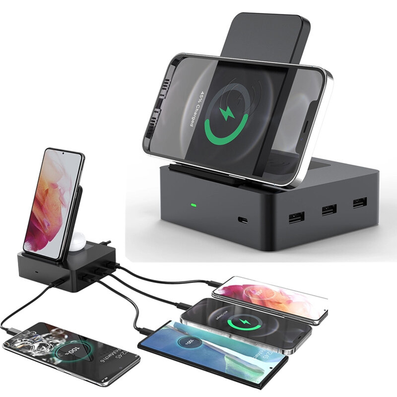 Bakeey 6 in 1 15W Wireless Charger + Earbuds Wireless Charger + 3 * USB-A + 1 * Type-C Ports Stand D