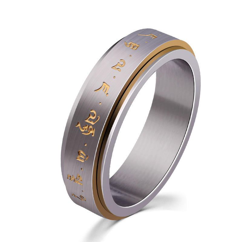 Draaibare?Ring?Titanium?Staal?Boeddhistische?Gouden Toon Mantra Patroon Spinner Lucky Ring