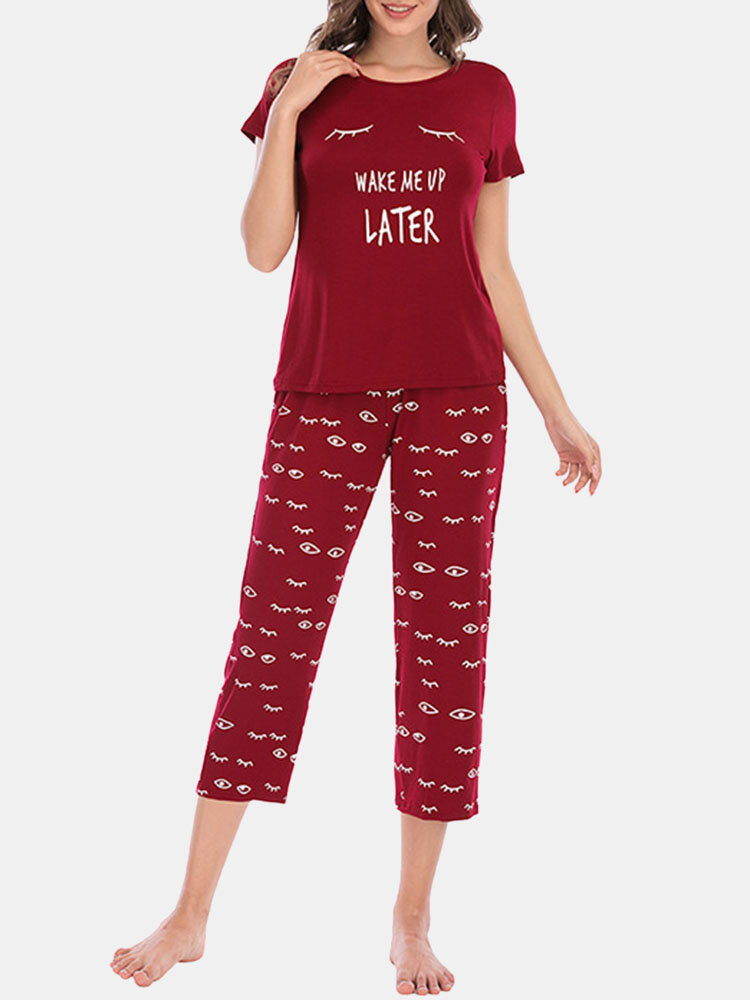 Plus size dames letteroog print comfortabele pyjama sets met korte mouwen