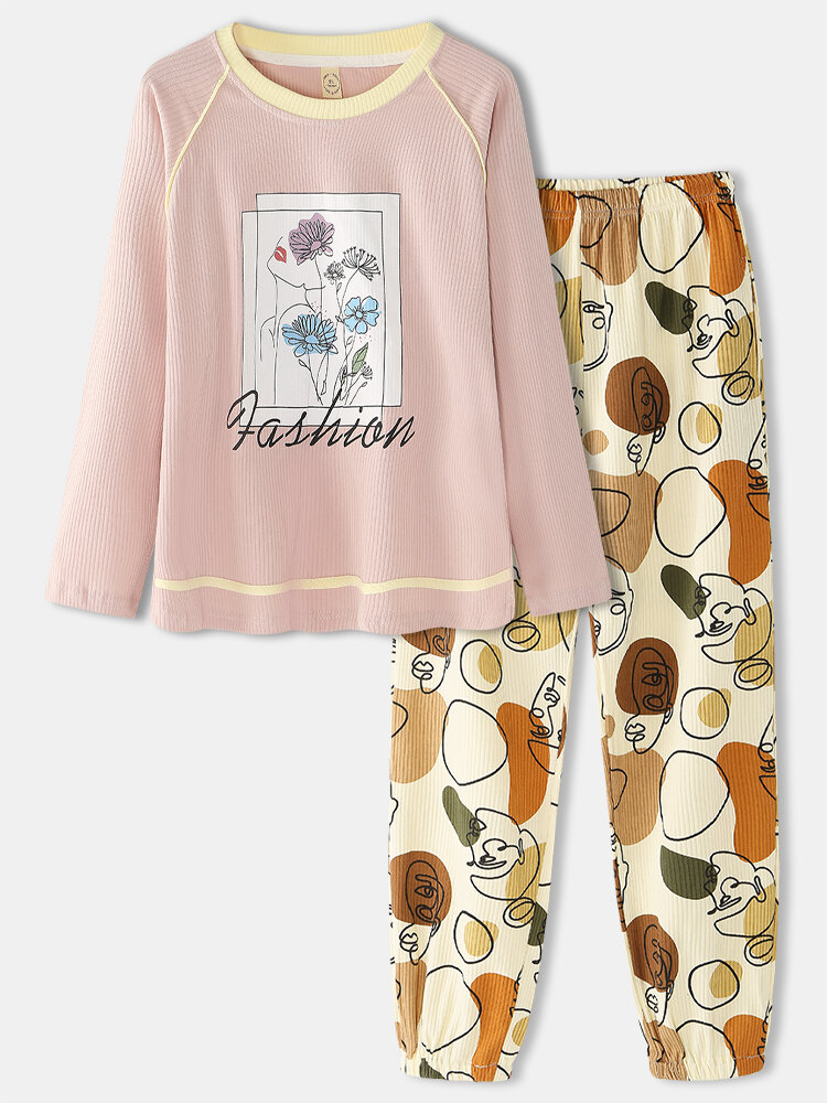 

Women Flower Letter Print Ribbed Pink Raglan Sleeves Pullover Pocket Home Pajama Set