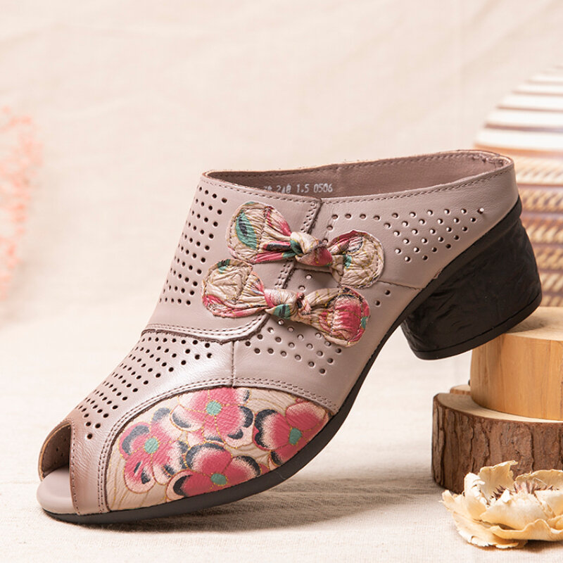 58% OFF on SOCOFY Ethnic Floral Bowknot Decor Hollow Out Printed Cowhide Leather Peep Toe Heel Sandas.