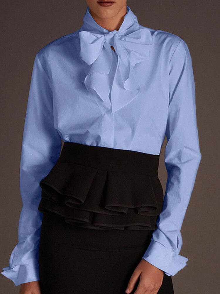 Women Casual Solid Color Tie Front Long Sleeve Simple Shirts