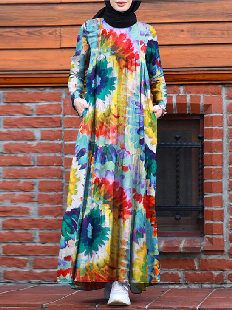 Vintage Floral Print Tie Dye Contrast Color Kaftan Tunic A-line Tiered Muslim?Dress