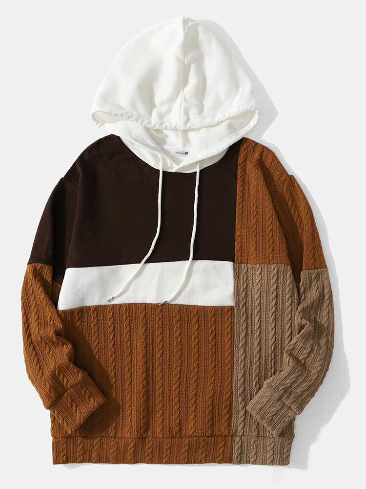 

Men Splicing Cable Knitted Color Block Drawstring Pullover Hooded Sweatshirt