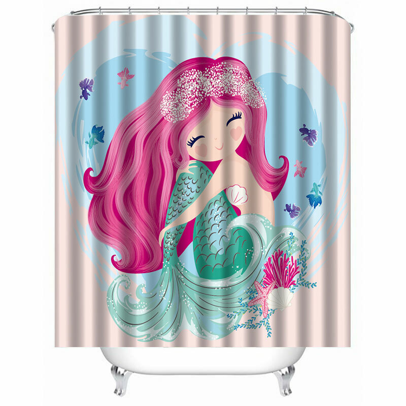 Roze zeemeermin douchegordijn waterdichte stof badkamer decor met 12 haken cartoon zeemeermin golf vis voor kinderen volwassen