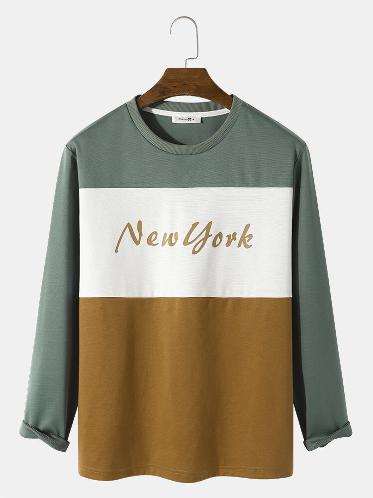 

Mens Preppy 'New York' Letter Splicing Long Sleeve T-Shirt