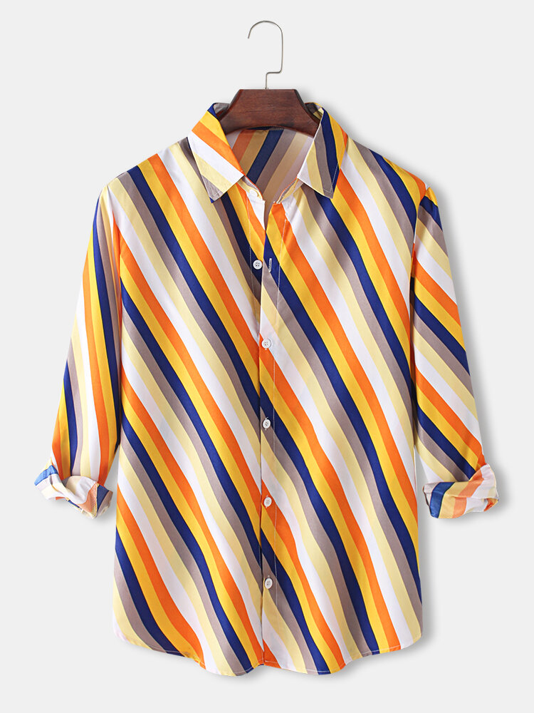 Heren design diagonale streep revers casual shirts met lange mouwen