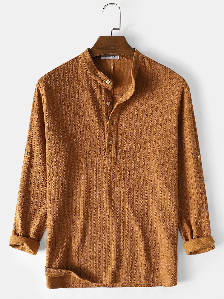 

Mens Khaki Jacquard Texture Long Sleeve Slit Hem Henley Shirts