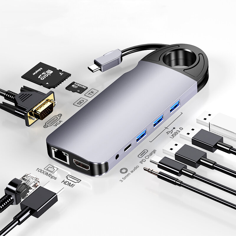 

HOWEI 10-в-1 адаптер док-станции концентратора USB-C с 3 * USB 3.0 / 60 Вт Type-C PD / 4K HD Дисплей Видеовыход / 1080P