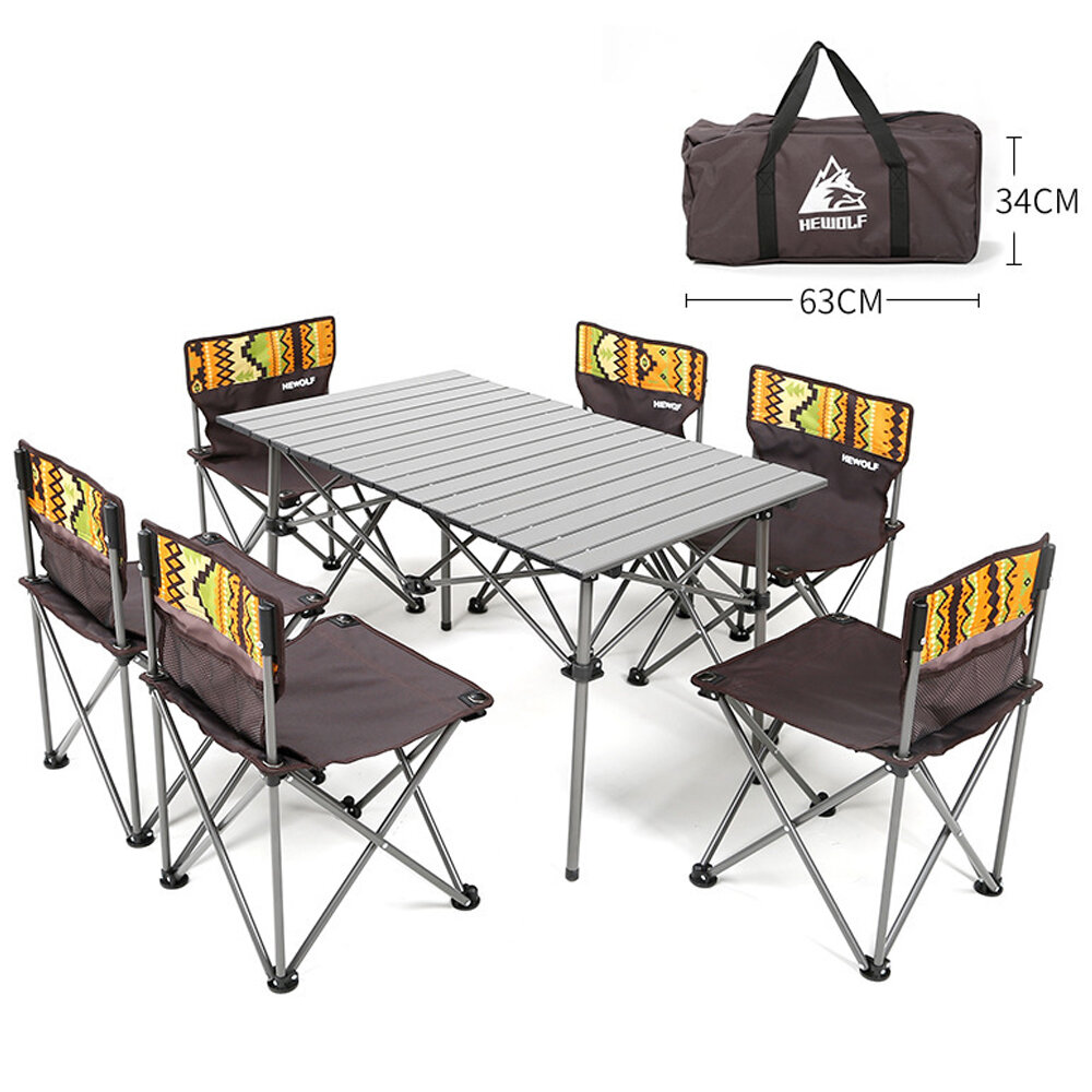 Zestaw składanego stołu z aluminium HEWOLF 7 sztuk i 6 krzeseł do kempingu, grillowania i podróży na świeżym powietrzu.