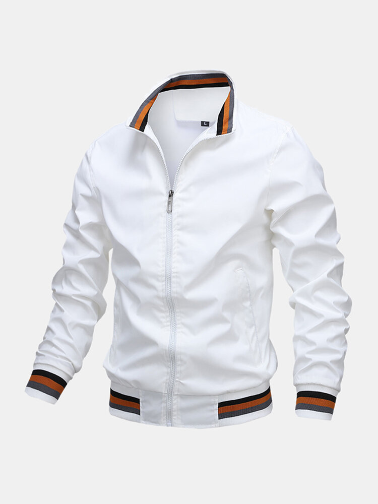 Men’s Solid Color Pocket Zipper Stand Collar Sports Casual Long Sleeve Jackets