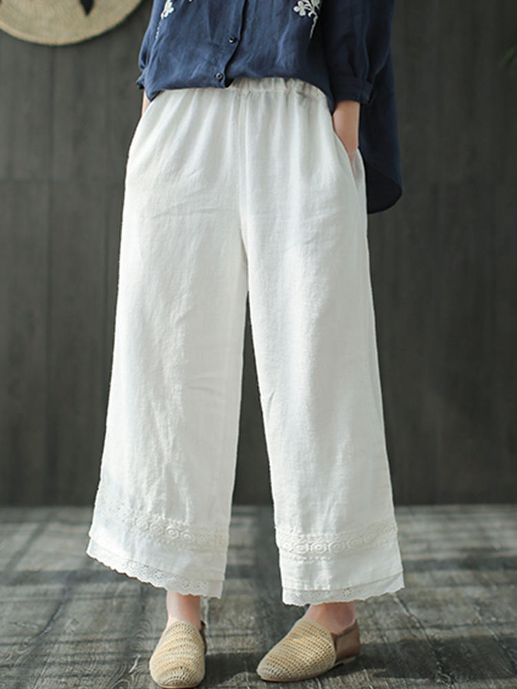 women lace patchwork elastic waist loose pants at Banggood