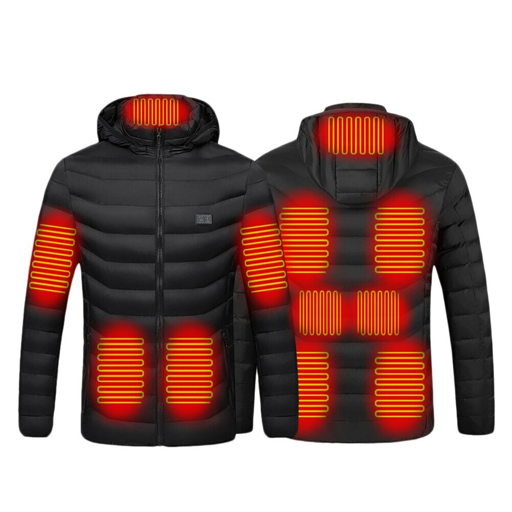 TENGOO HJ-11 Casaco térmico de aquecimento unissex com 11 áreas para homens, ajuste de 3 modos, casaco com capuz térmico aquecido por USB para esportes de inverno, esqui e ciclismo