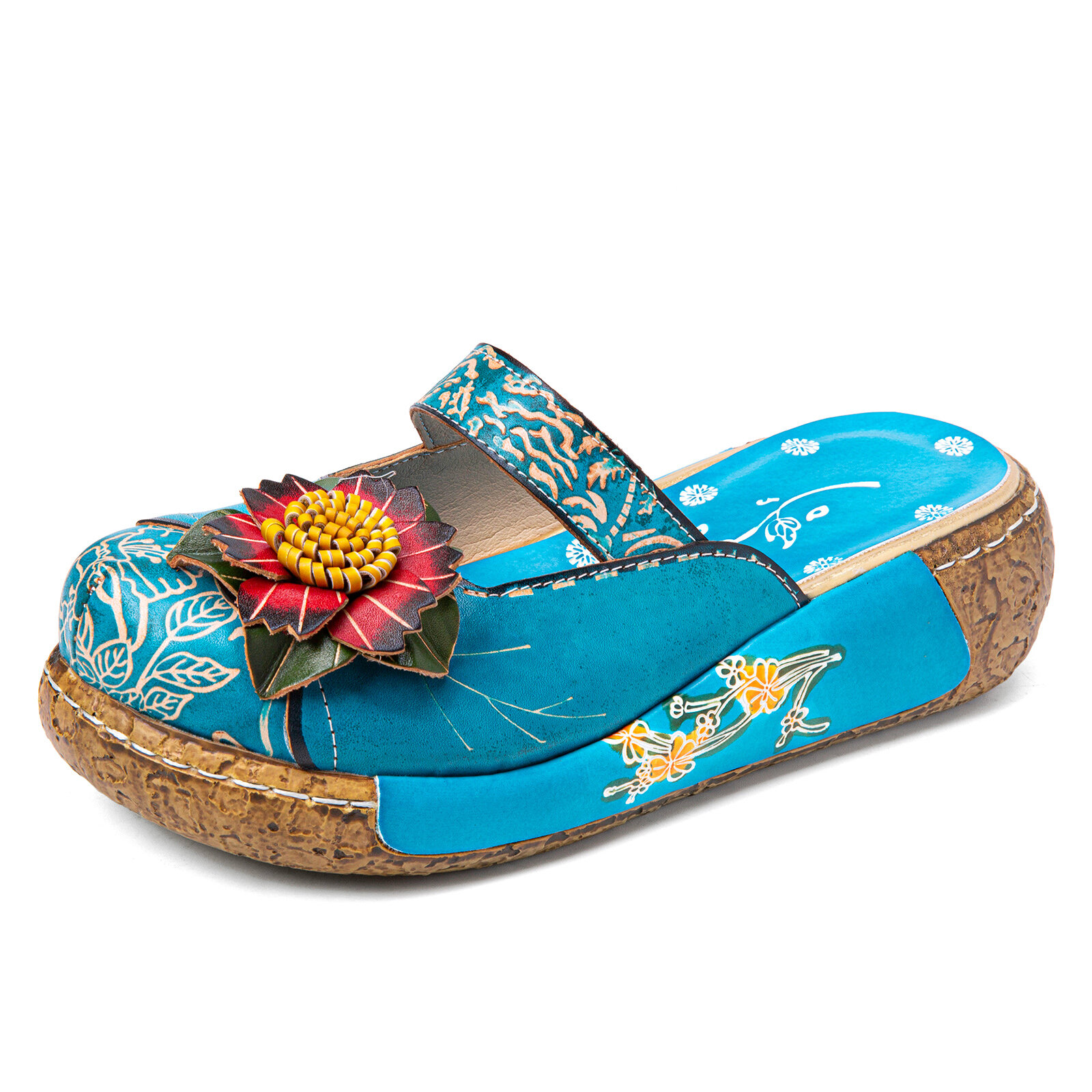 Socofy Handmade Leather Comfort Floral Holiday Platform Sandals