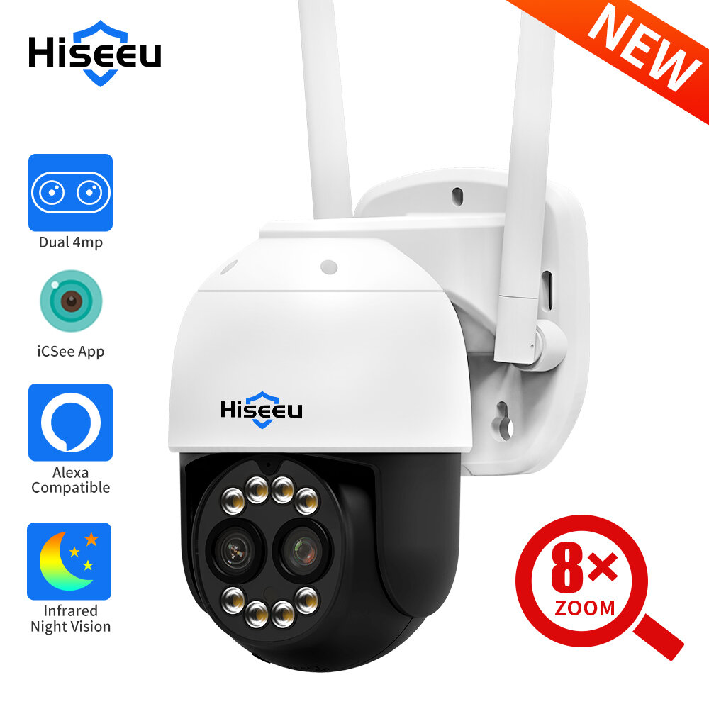 Hiseeu 8MP 4K PTZ Wifi IP Camera Outdoor Security Protection 8X Zoom Dual Lens CCTV Video Surveillance Camera Ai Human Detect